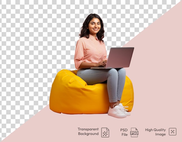 PSD a photo of happyyoungcutewomanmanladygirlusinglaptop on transparent background