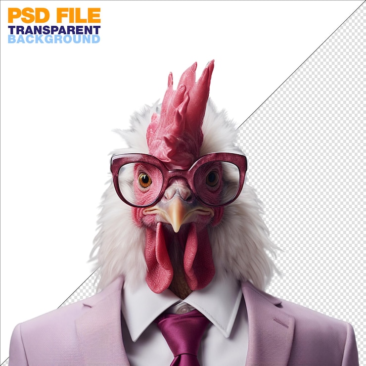 PSD photo of hudge rooster wearing pink suit with purple tie on transparent background