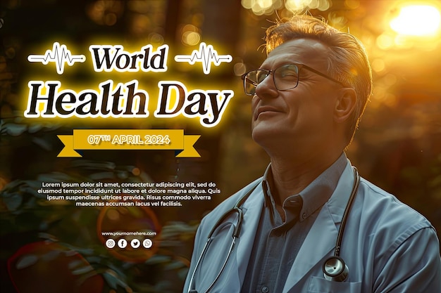 PSD 世界健康デーを記念するコンセプトで自然を楽しむ医師の写真