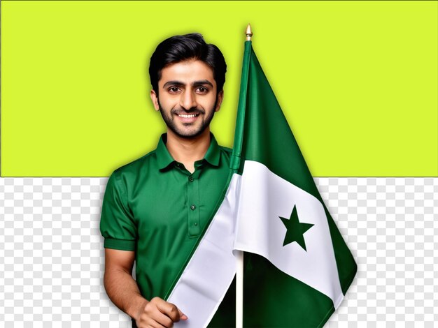 PSD 孤立した白い背景にパキスタンの国旗を掲げているパキスタン市民の写真