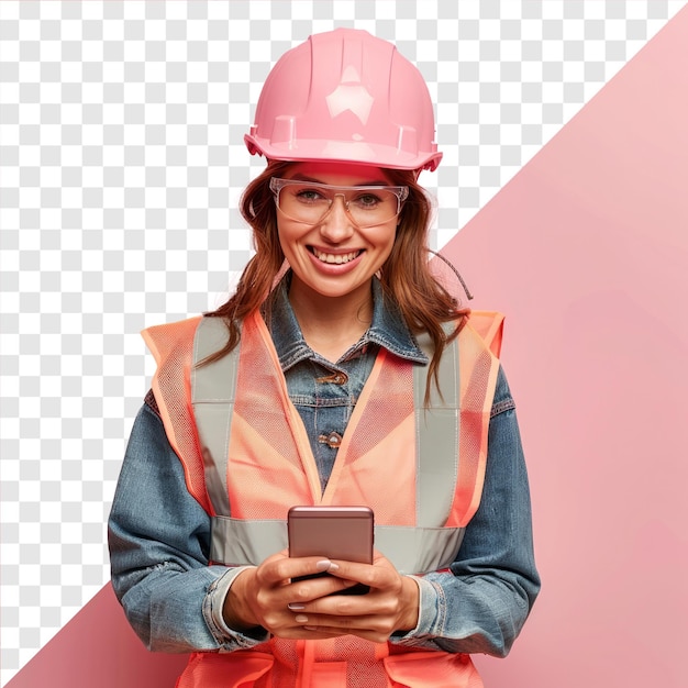 PSD 스마트폰을 사용하는 하드 을 착용한 노동자의 사진