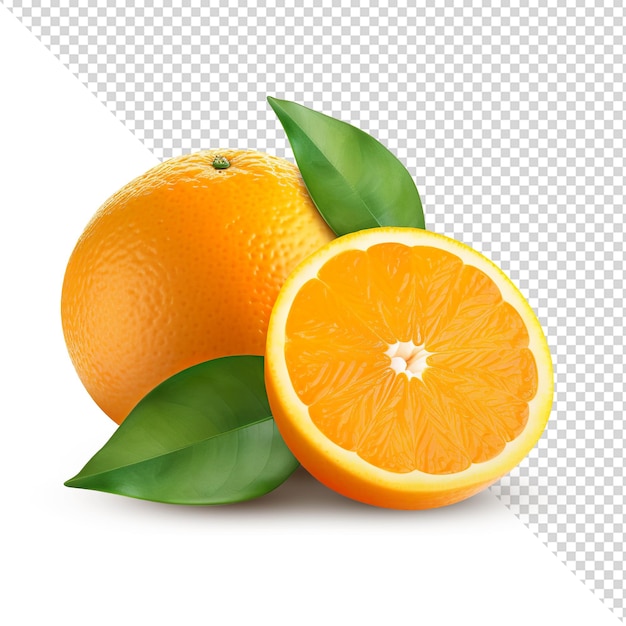 PSD 透明な背景に緑の葉と新鮮なオレンジ色の果物の写真