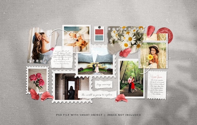 PSD mockup di moodboard per collage con cornice di carta fotografica