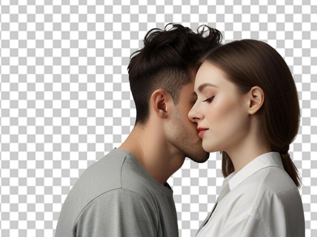 PSD photo side view of young couple kissing against white background