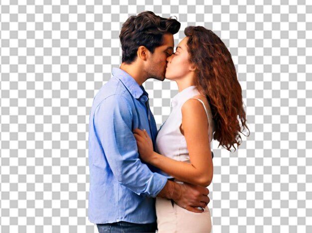 PSD photo side view of young couple kissing against white background