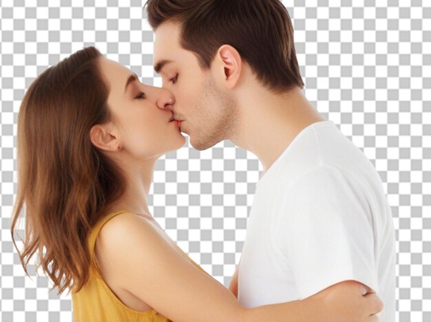 PSD photo side view of young couple kissing against white background