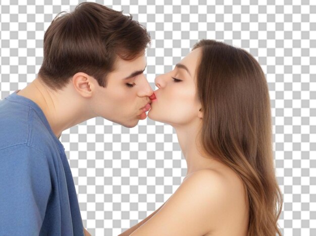 PSD photo side view of young couple kissing against white background