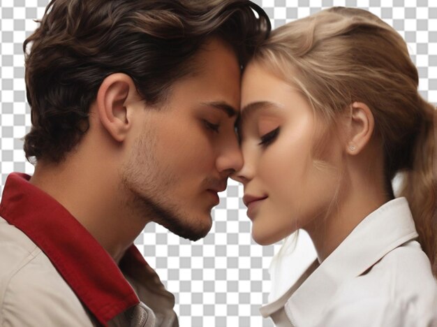 PSD photo side view of young couple kissing against white background