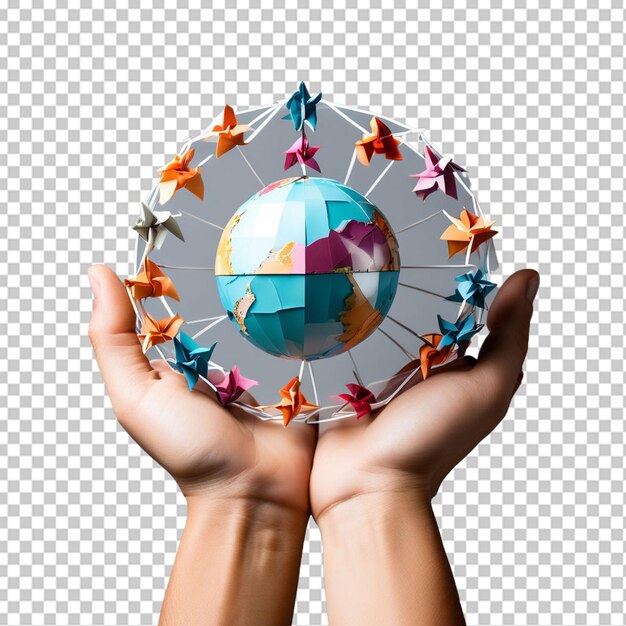 PSD photo top view origami chain people with globe