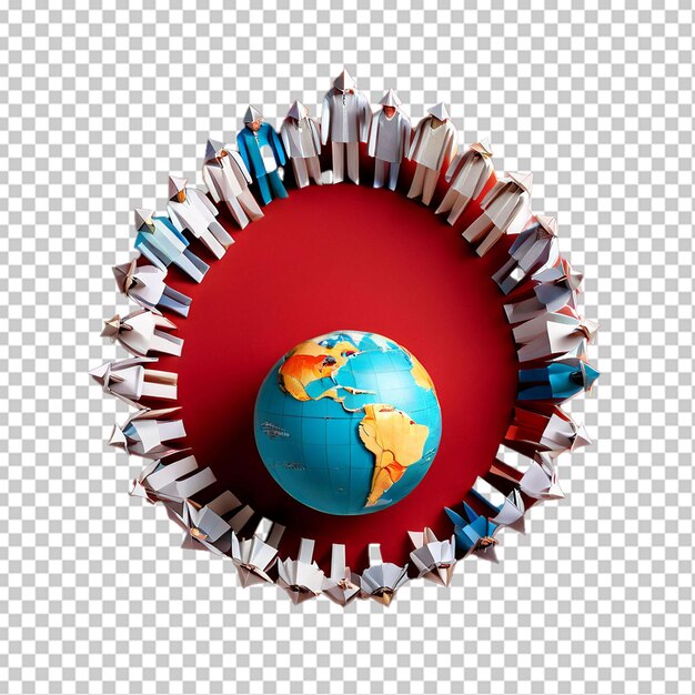 PSD photo top view origami chain people with globe