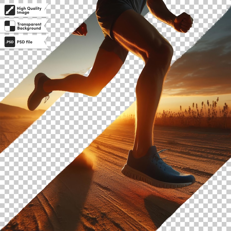 PSD a photo of a woman running in the desert with a sunset in the background