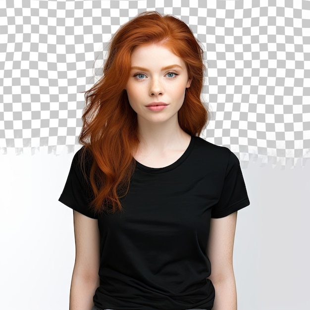 PSD photo of a young beautiful redhead woman with blank black shirt isolated over transparent backgroun