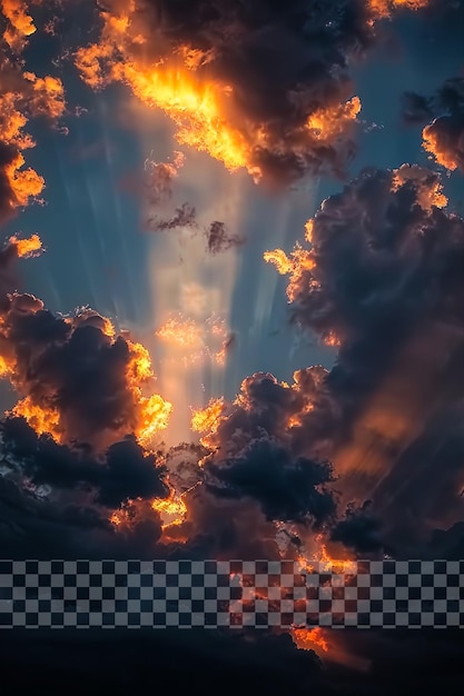 Photograph of clouds with sun rays evening sky on transparent background