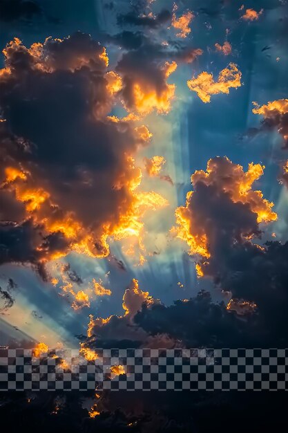 PSD 透明な背景の夕方の空に太陽の線が映っている雲の写真
