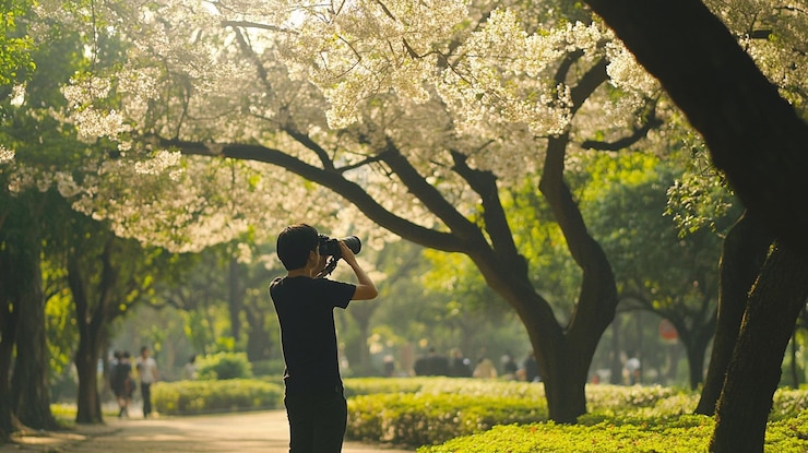 PSD 攝影師在公園中拍攝開花的樹