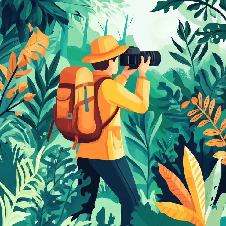 PSD photographer in lush jungle taking photos of landscape