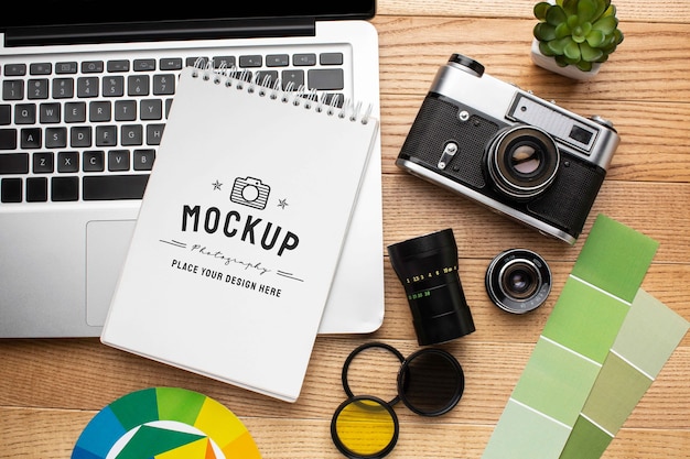 Photographer workshop with mock-up notebook