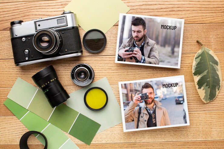 PSD мастерская фотографа с ассортиментом фотомокапов