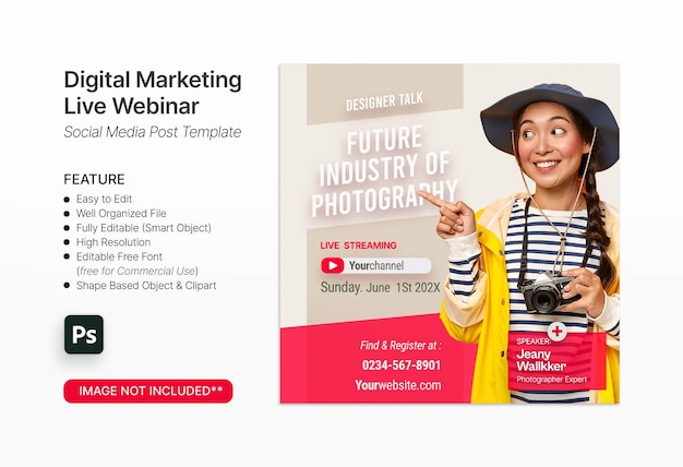 Photography and design digital marketing live webinar social media post template