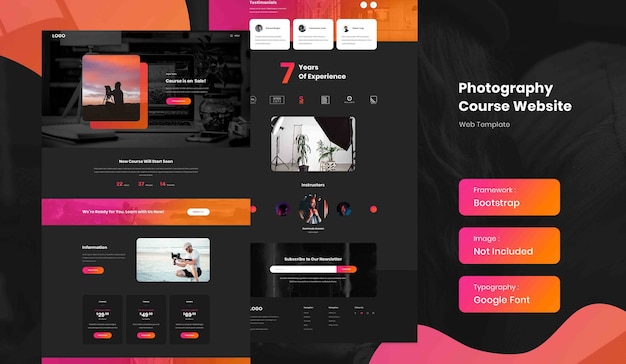 ダークモードでの写真撮影オンラインコースのランディングページのウェブサイトテンプレート