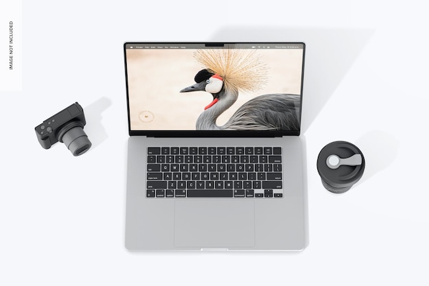 PSD photography scene with laptop mockup high angle view