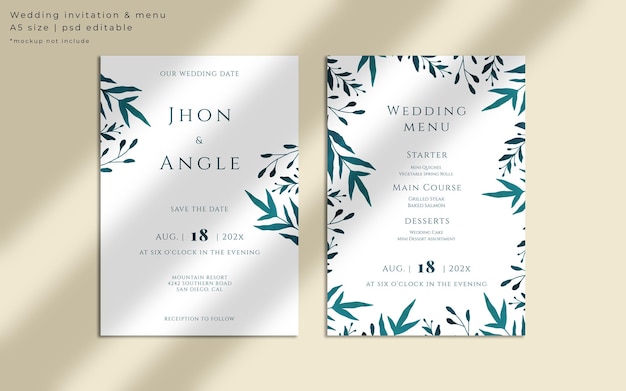 Photoshop design un design del menu di nozze è impostato per essere stampato su uno sfondo bianco file psd