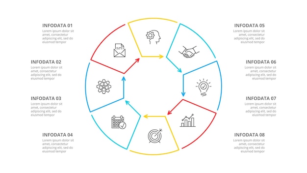 Photoshop diagram of thin lines with a octagon inside Infographic with 8 options steps or processes