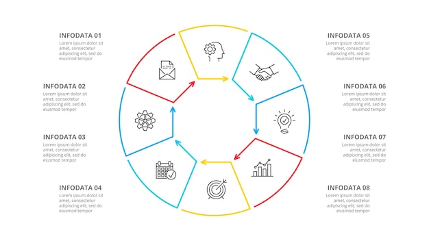 Фотошоп диаграмма тонких линий с восьмиугольником внутри инфографика с 8 вариантами шагов или процессов