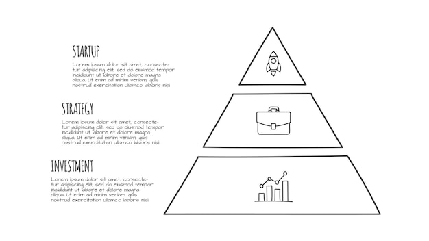 PSD photoshop doodle infographic piramida z 3 opcjami ręcznie narysowane ikony cienka linia ilustracja