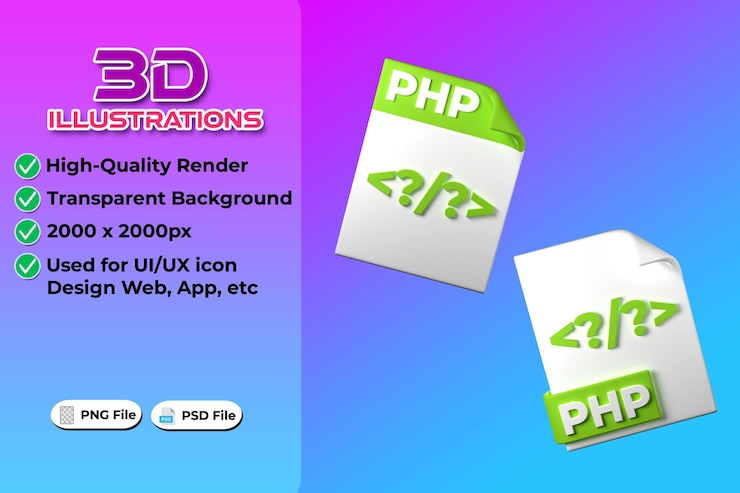 PSD php file type 3d rendering on transparent background ui ux icon design web and app trend