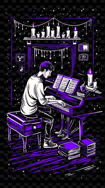 PSD <unk>불과 책과 함께 아고 희미하게 밝은 방에서 피아니스트 포스트 일러스트레이션 음악 포스터 디자인