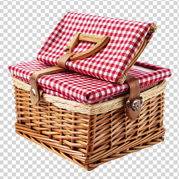 Picknick mand met een rode en witte geruite doek geïsoleerd op een doorzichtige achtergrond