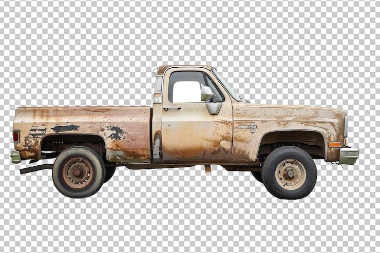 PSD pickup vintage truck alone against transparent backdrop