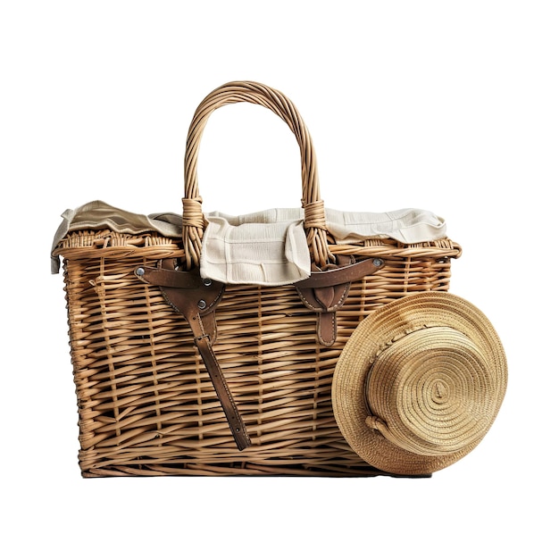 PSD picnic basket and straw hat isolated