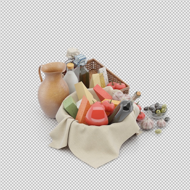 PSD picnic basket with food 3d render