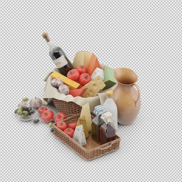 Picnic basket with food 3d render