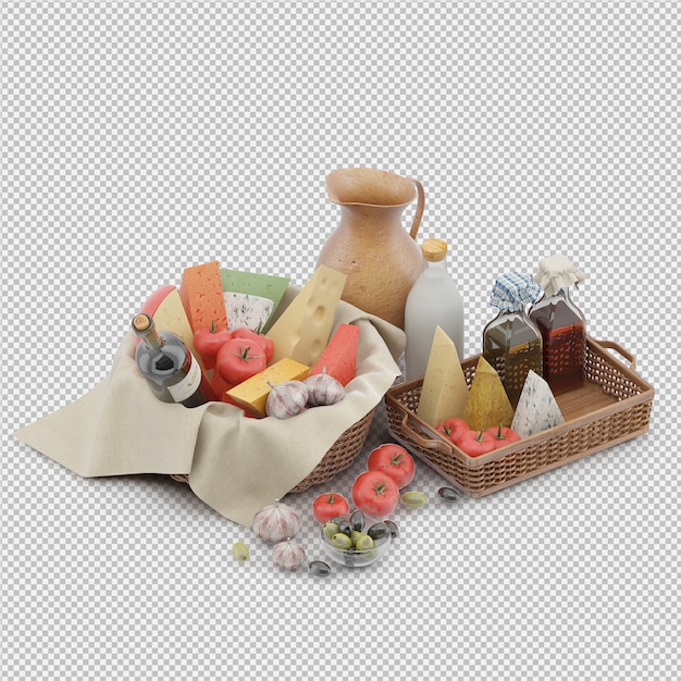 Picnic basket with food 3d render