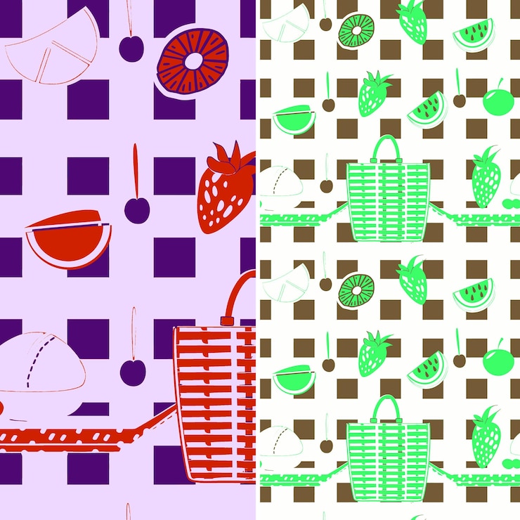 PSD picnic basket with food shapes and charming design with ging illustration vector pattern designs