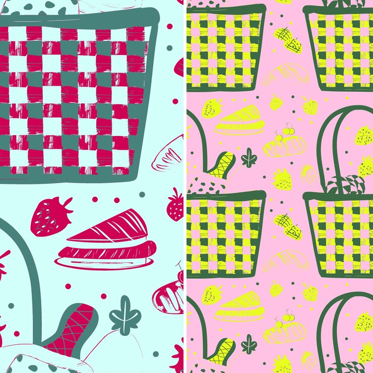 PSD picnic basket with food shapes and charming design with ging illustration vector pattern designs
