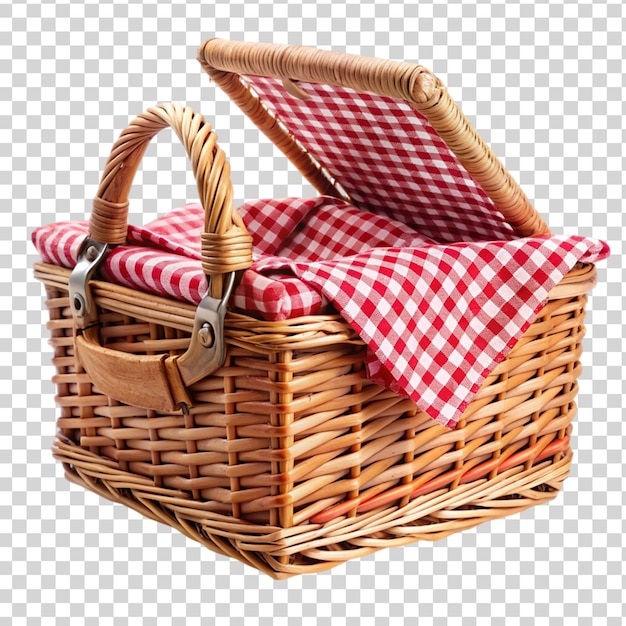 PSD picnic basket with a red and white checkered cloth isolated on transparent background