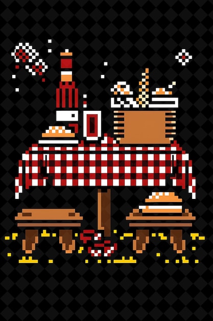 picnic table 8 bit pixel with gingham design and basket with png unique y2k design collection