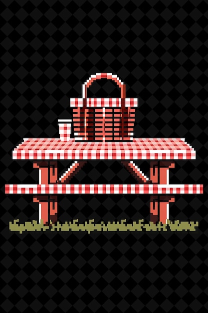 picnic table 8 bit pixel with gingham design and basket with png unique y2k design collection