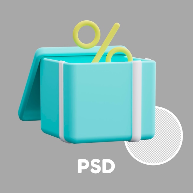 PSD pictogram speciale aanbieding kortingscadeau 3d blauw open cadeau met gele procent erin