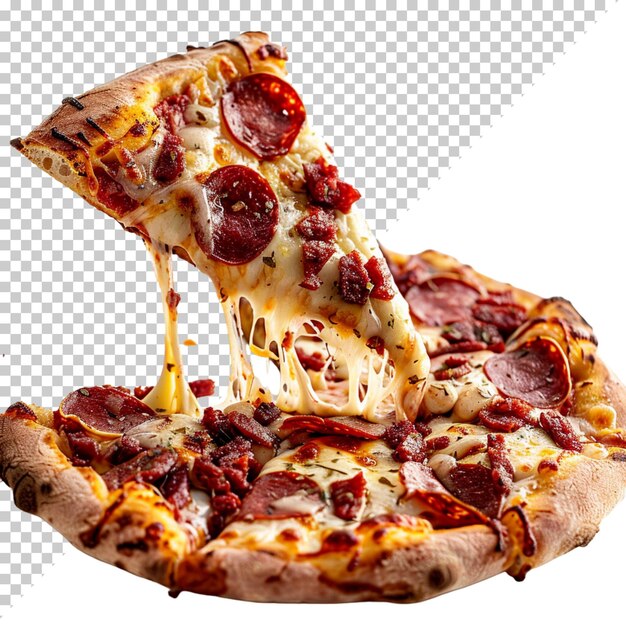 Pizza in stile regina della contea di pictou pizza appena cotta con una fetta tagliata pizza giorno su isolato