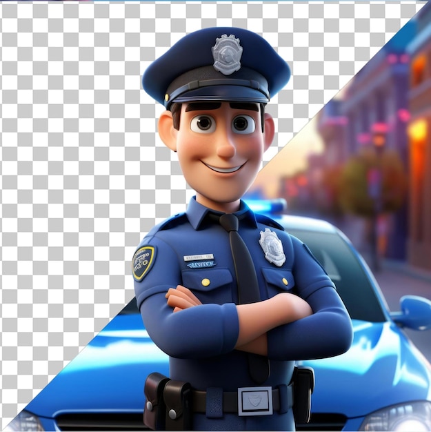 PSD picture of 3d police officer cartoon patrolling the streets