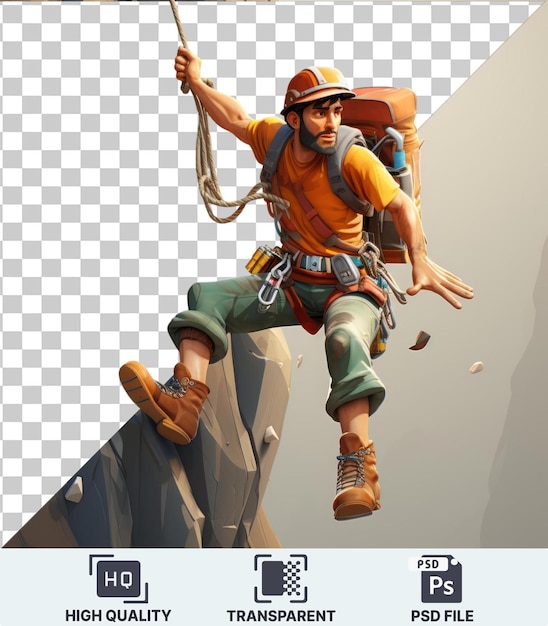 PSD picture of 3d rock climber cartoon ascending a towering cliff face