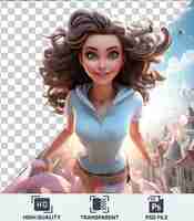 PSD picture of 3d superheroine cartoon soaring through the cityscape