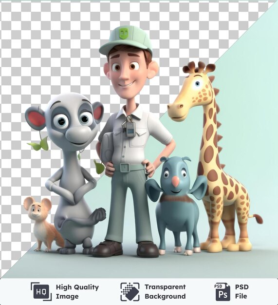 PSD picture of 3d zookeeper cartoon caring for exotic animals