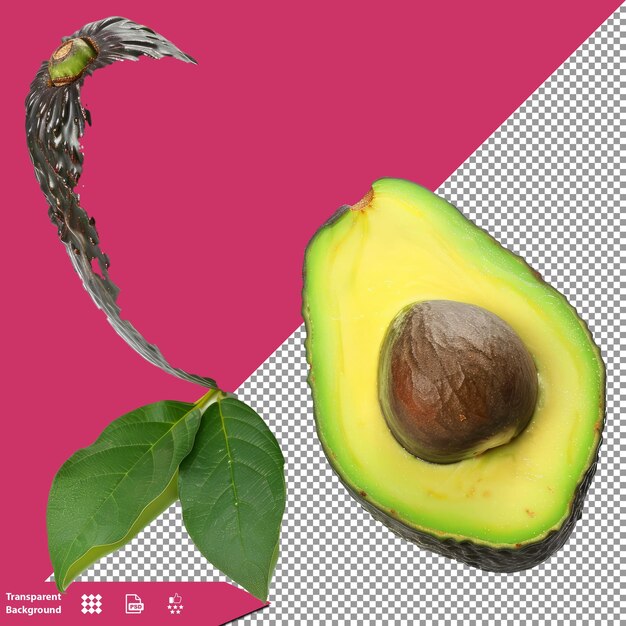 A picture of an avocado with a green leaf and a red background