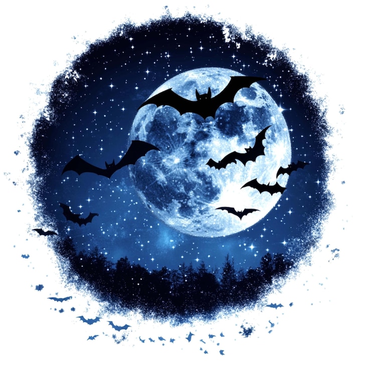 PSD a picture of bats flying in the night sky